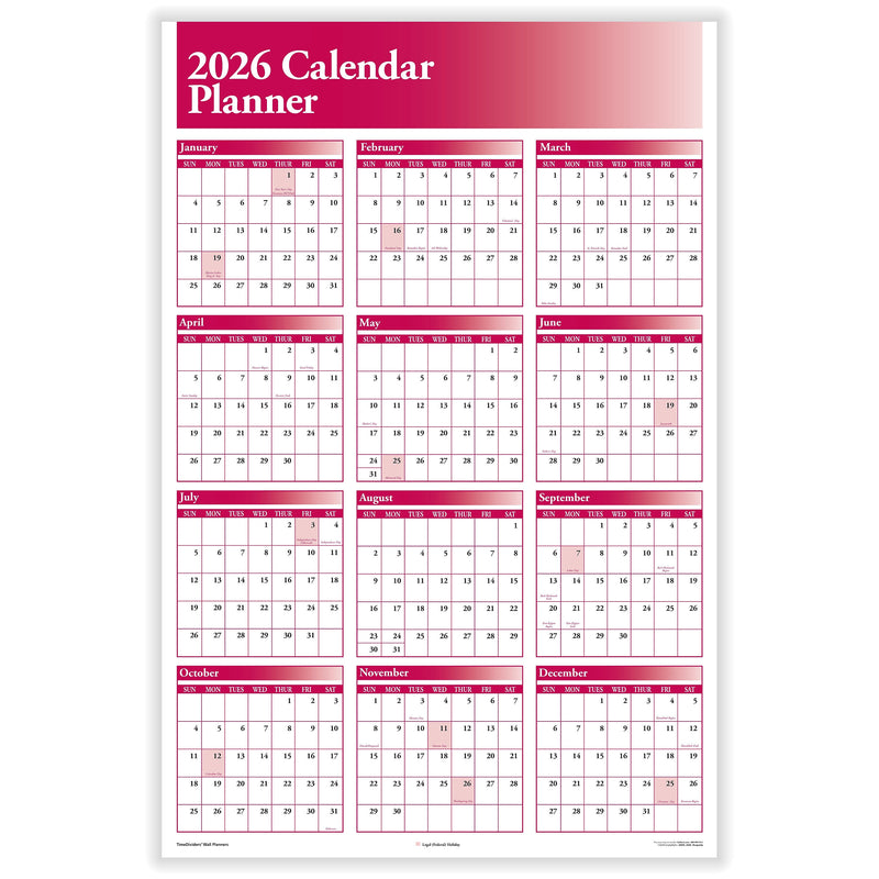 2026 ComplyRight Full Calendar Planner 36" x 24" Yearly Dry Erase Wall Calendar, Burgundy (J0056BU)