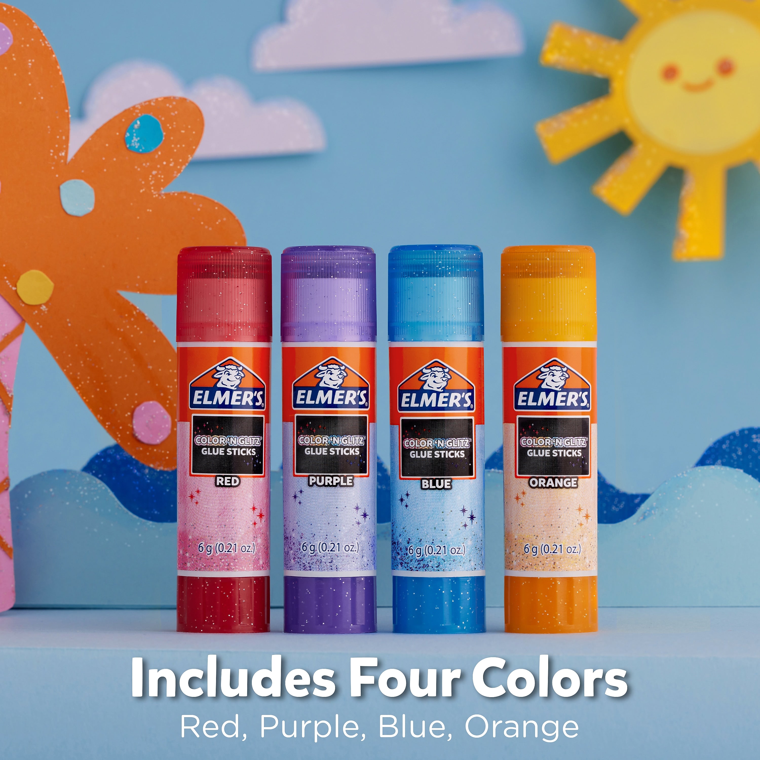 Elmer’s Color 'n Glitz Glue Sticks, Washable, Assorted Colors, 0.21 oz, 4/Pack