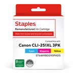 Staples Remanufactured Cyan/Magenta/Yellow High Yield Ink Cartridge Replacement for Canon CLI-251XL (ST6449B0093PKDS), 3/Pack