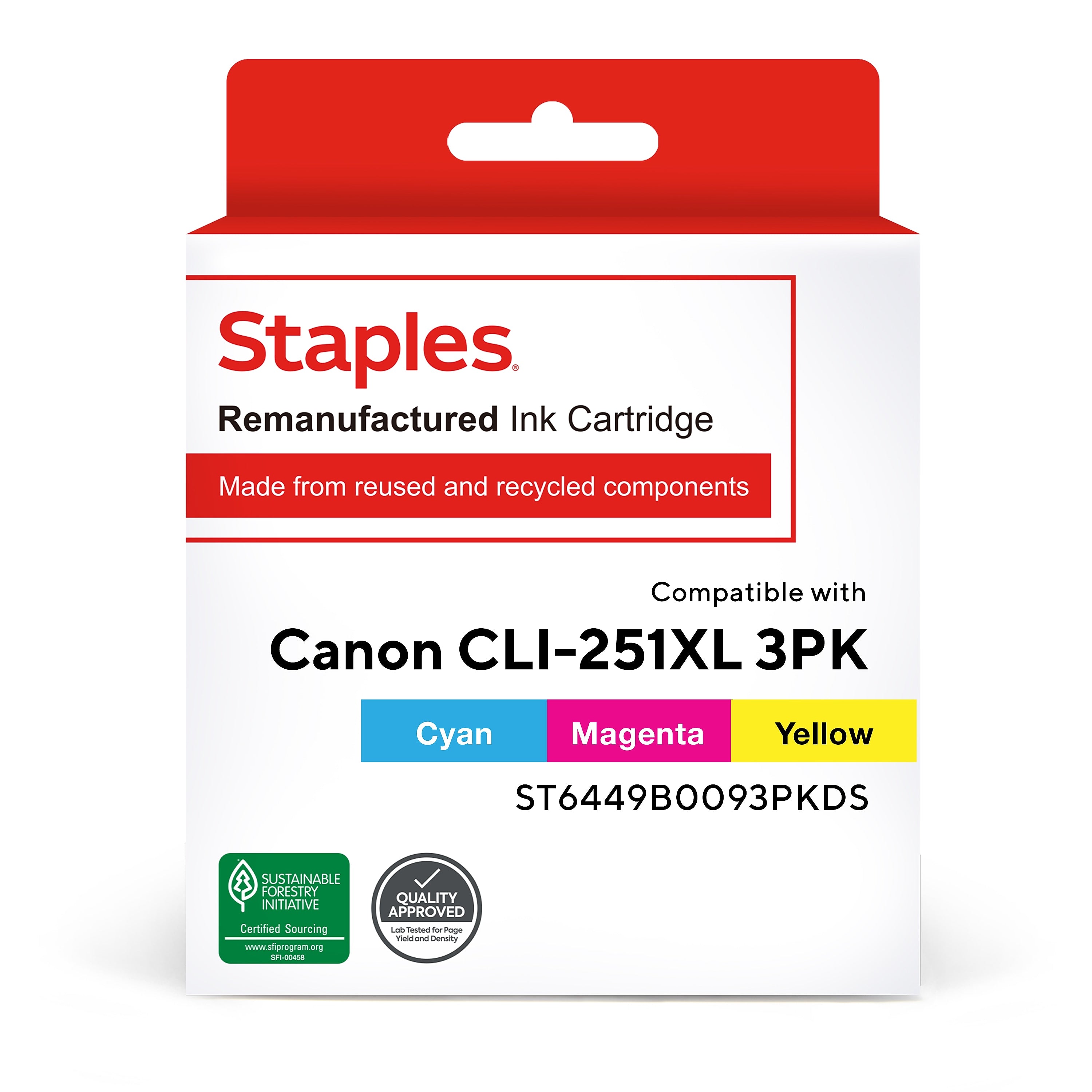 Staples Remanufactured Cyan/Magenta/Yellow High Yield Ink Cartridge Replacement for Canon CLI-251XL (ST6449B0093PKDS), 3/Pack