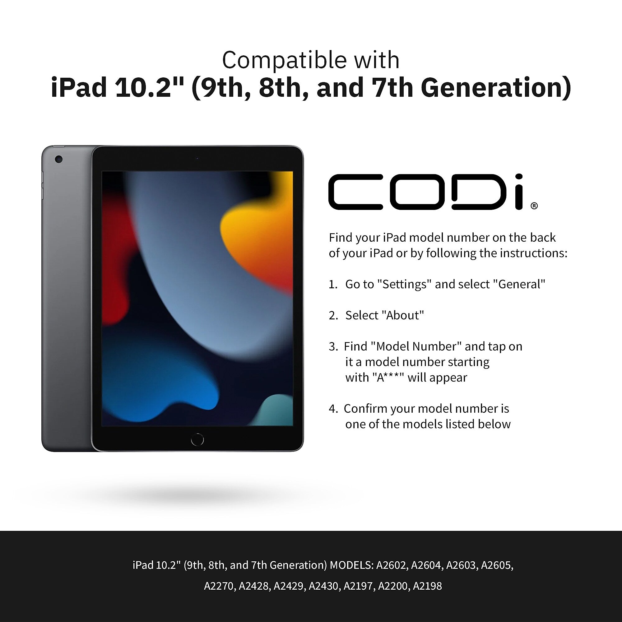CODi PU Leather 10.2" Bluetooth Keyboard Case for iPad 7th/8th/9th Generation, Black (C30708511)