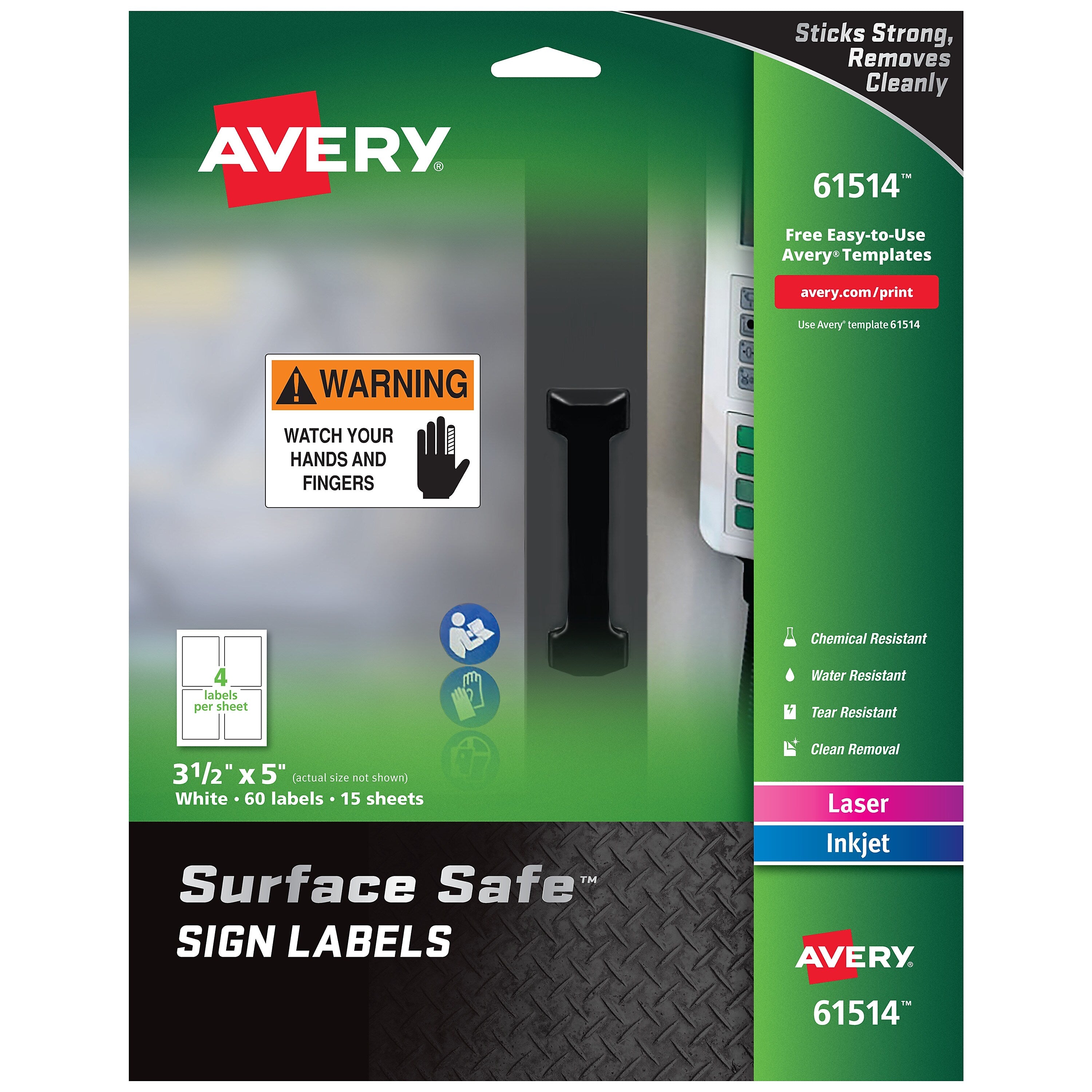 Avery Surface Safe Laser/Inkjet Label Safety Signs, 3 1/2" x 5", White, 60 Labels/Pack (61514)