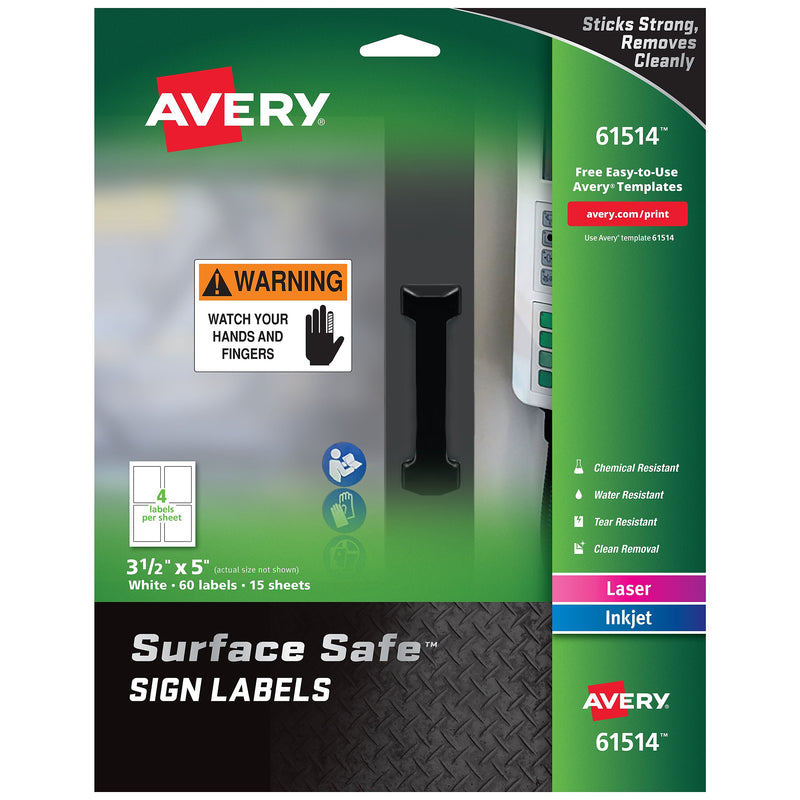 Avery Surface Safe Laser/Inkjet Label Safety Signs, 3 1/2" x 5", White, 60 Labels/Pack (61514)