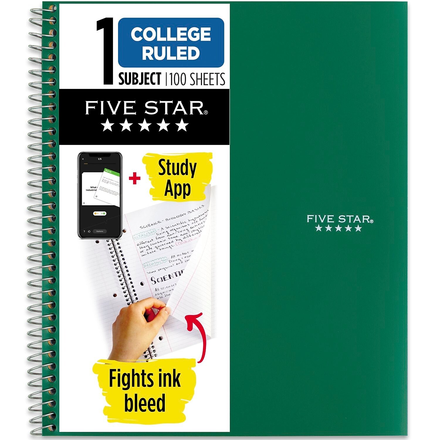 Five Star Wirebound Notebook, 1-Subject Notebook, 8.5" x 11", College Ruled, 100 Sheets, Green (72055)