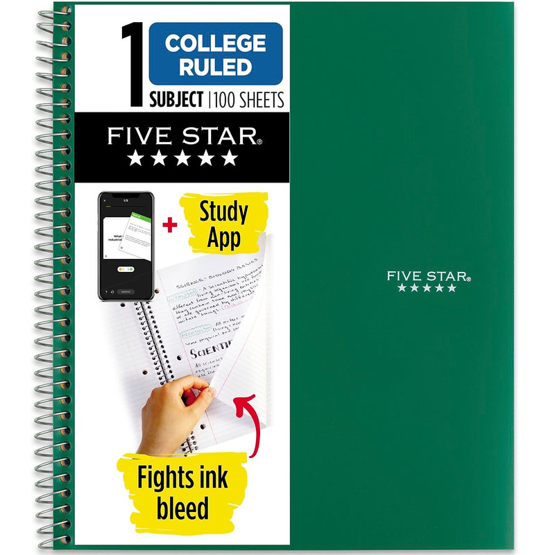 Five Star Wirebound Notebook, 1-Subject Notebook, 8.5" x 11", College Ruled, 100 Sheets, Green (72055)