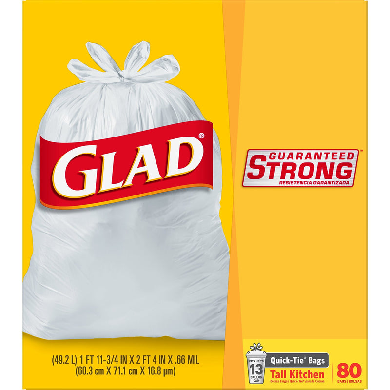 Glad Quick-Tie Tall 13 Gallon Kitchen Trash Bags, 80/Box (60034)