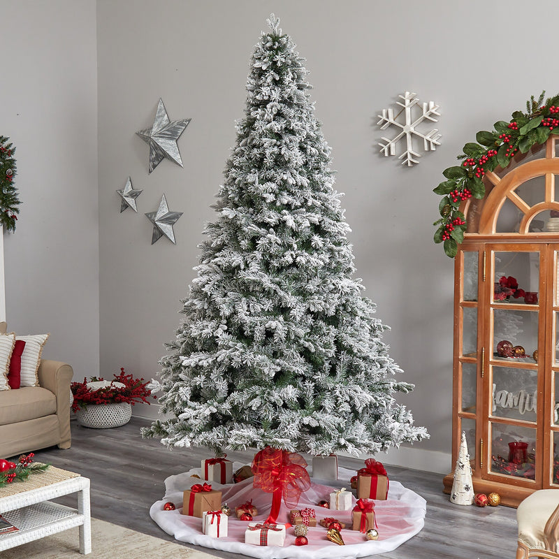 Nearly Natural 10-ft Flocked Vermont Mixed Pine Artificial Christmas Tree with 800 LED Lights and 2200 Bendable Branches (T3387)