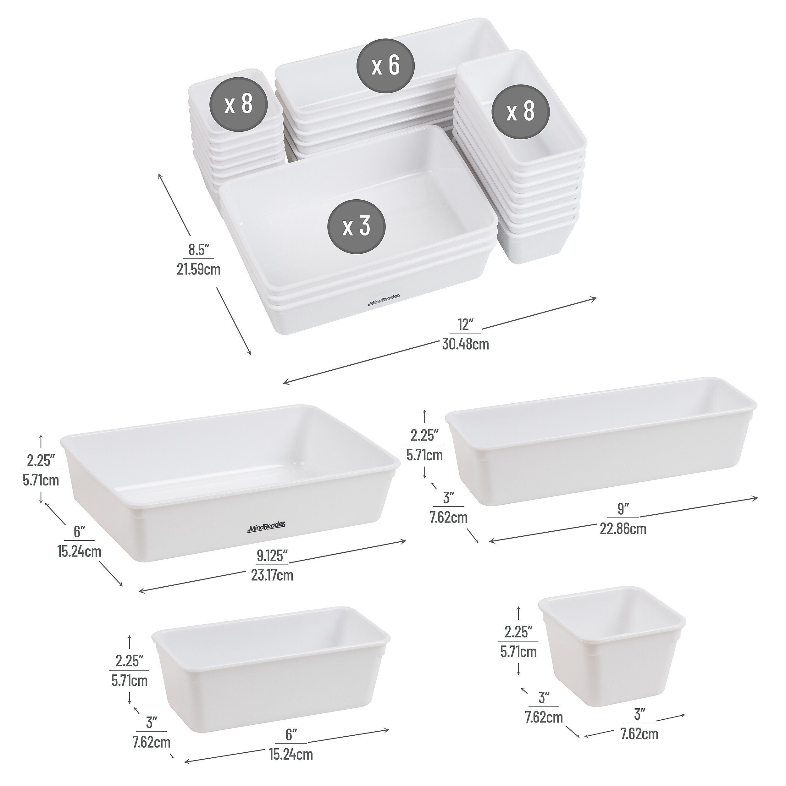 Mind Reader Stackable Plastic Desk Tray Set, White, 25 Pieces (DRORG25-WHT)