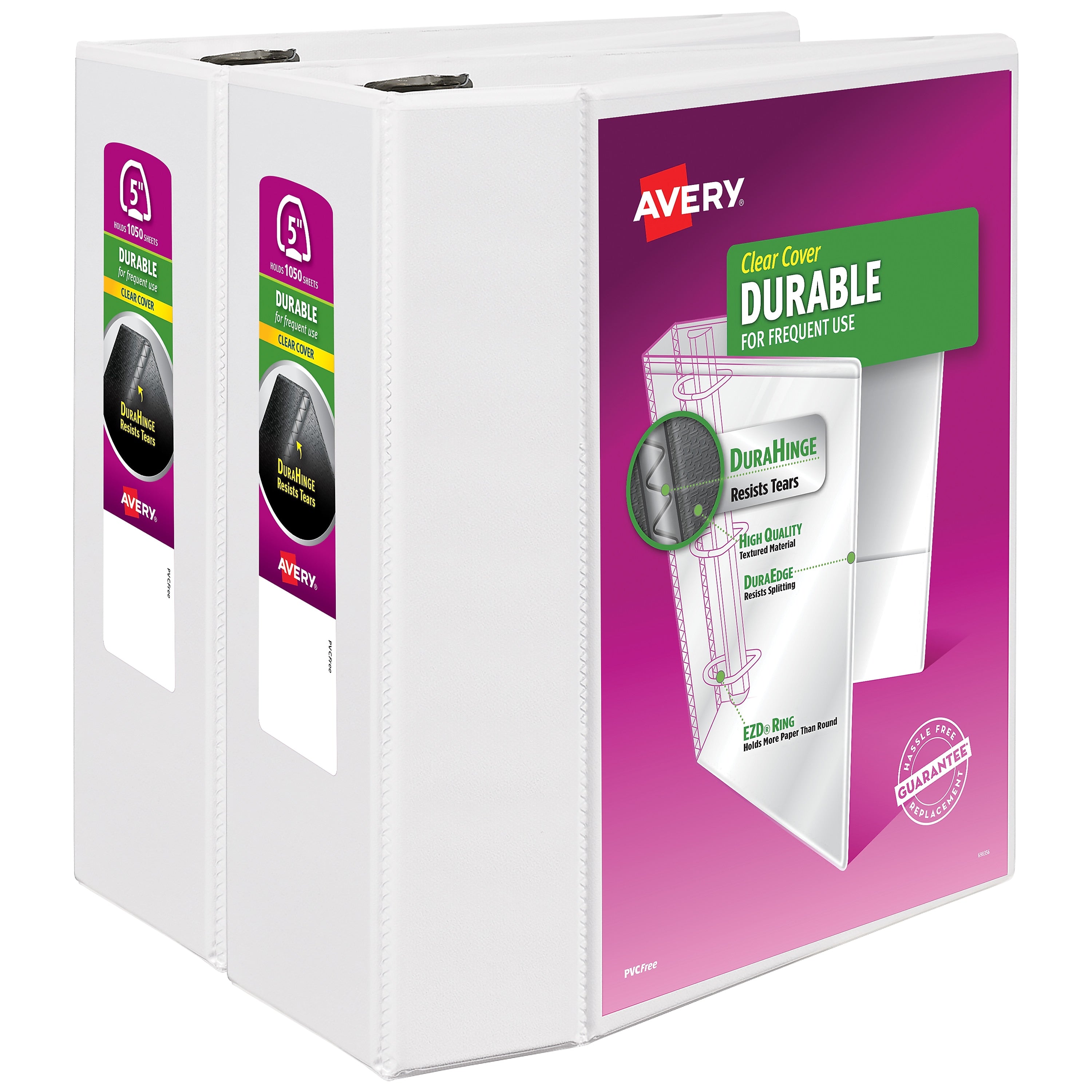 Avery Durable 5" 3-Ring View Binders, EZD Ring, White 2/Pack (09901)