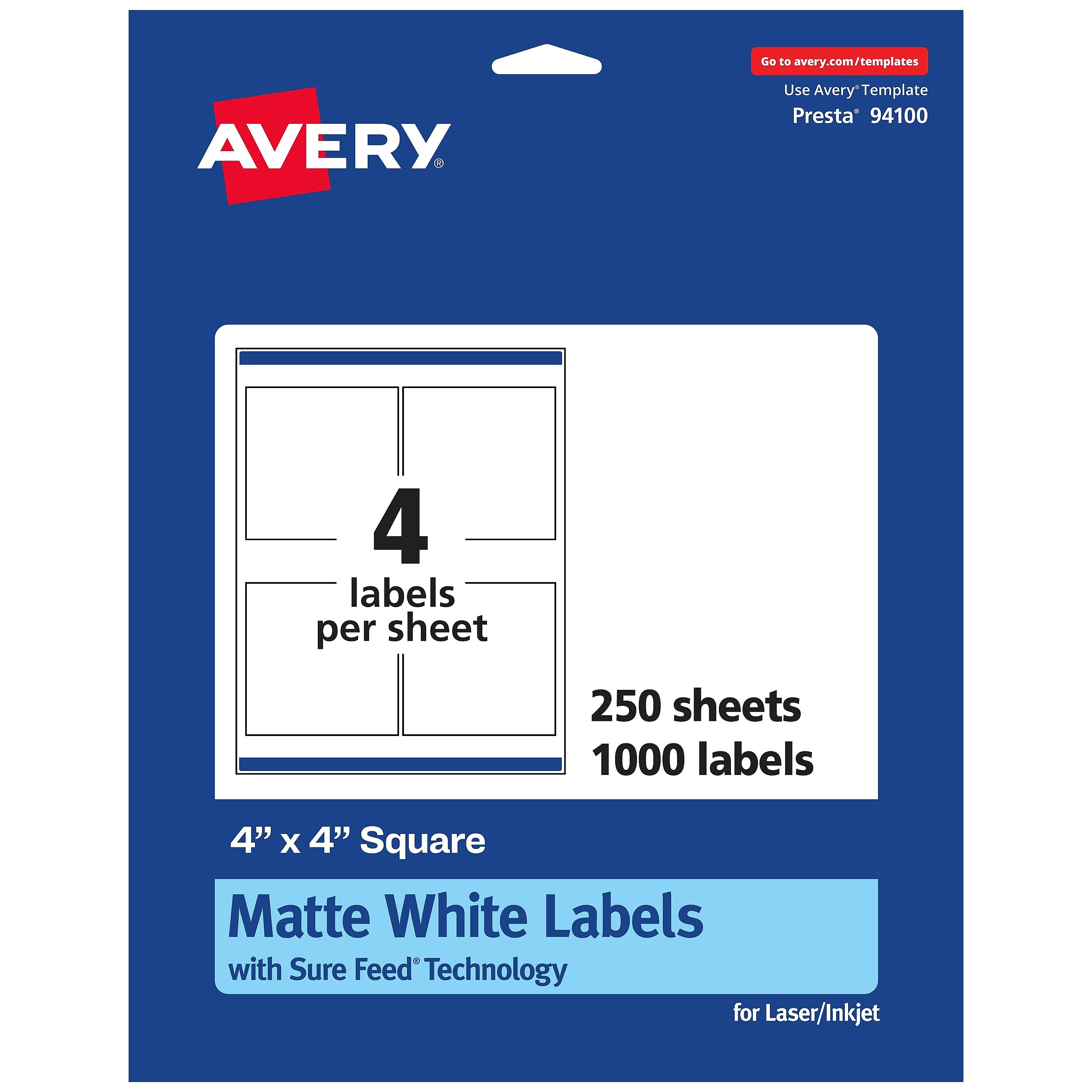 Avery Laser/Inkjet Multipurpose Labels, 4" x 4", Matte White, 1000 Labels/Box (94100)