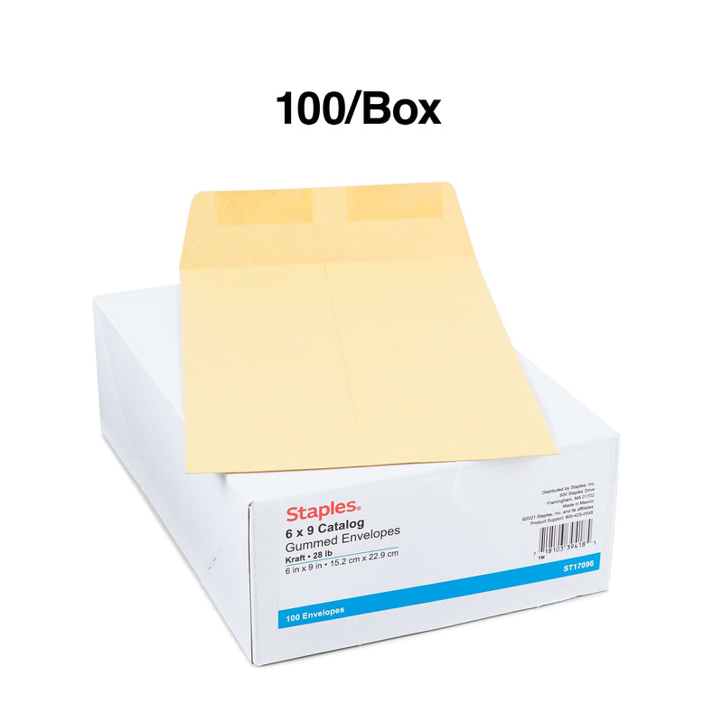 Staples Gummed Kraft Catalog Envelopes, 6" x 9", Brown, 100/Box (17097)