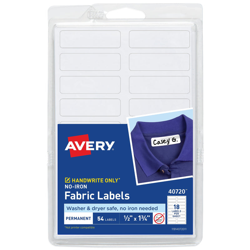 Avery No-Iron Fabric Labels on 4" x 6" Sheets, 1/2" x 1-3/4", White, Non-Printable, 54 Labels/Pack (40720)
