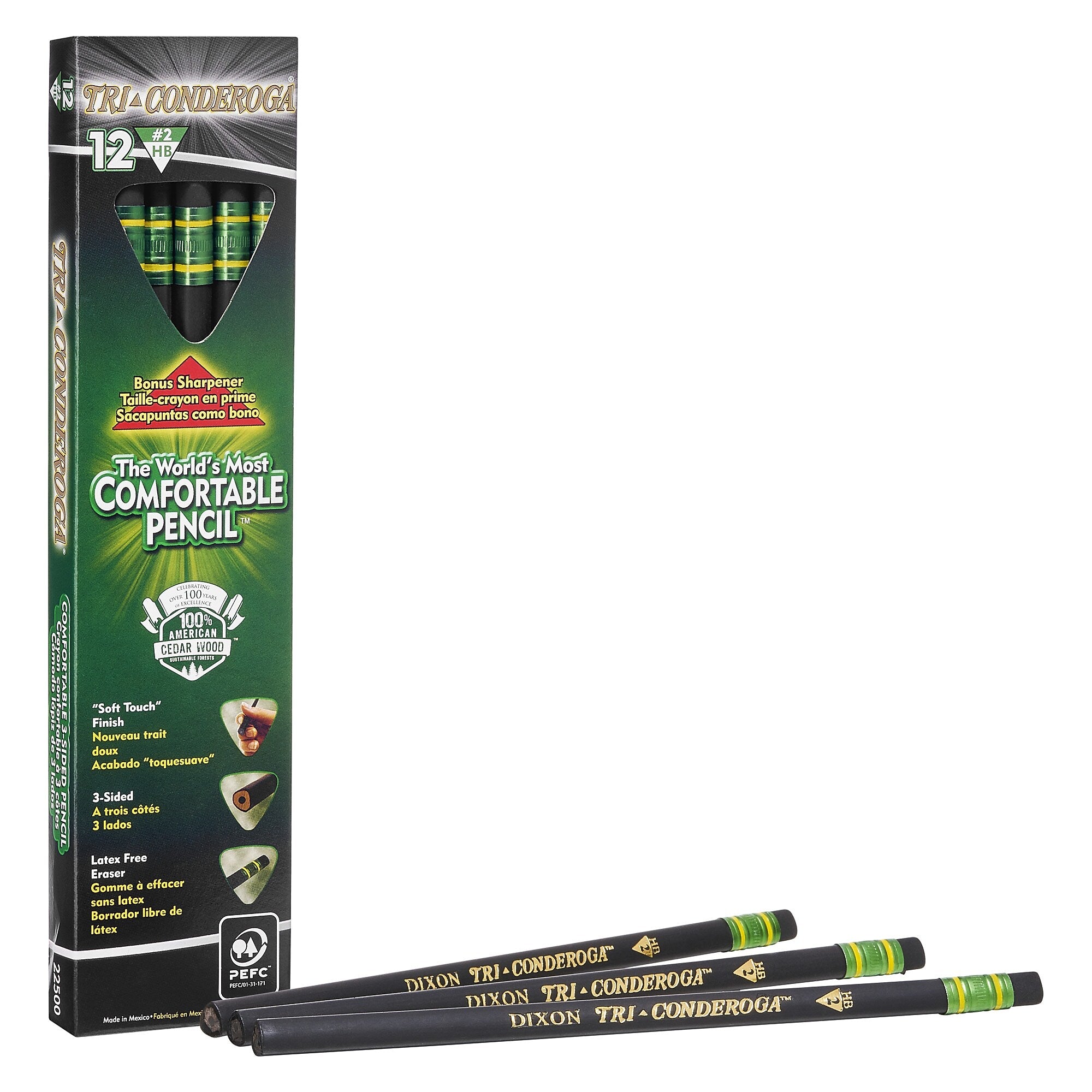 Dixon Tri-Conderoga The World's Most Comfortable Pencil Wooden Pencils, No. 2 Medium Lead, Dozen (22500)