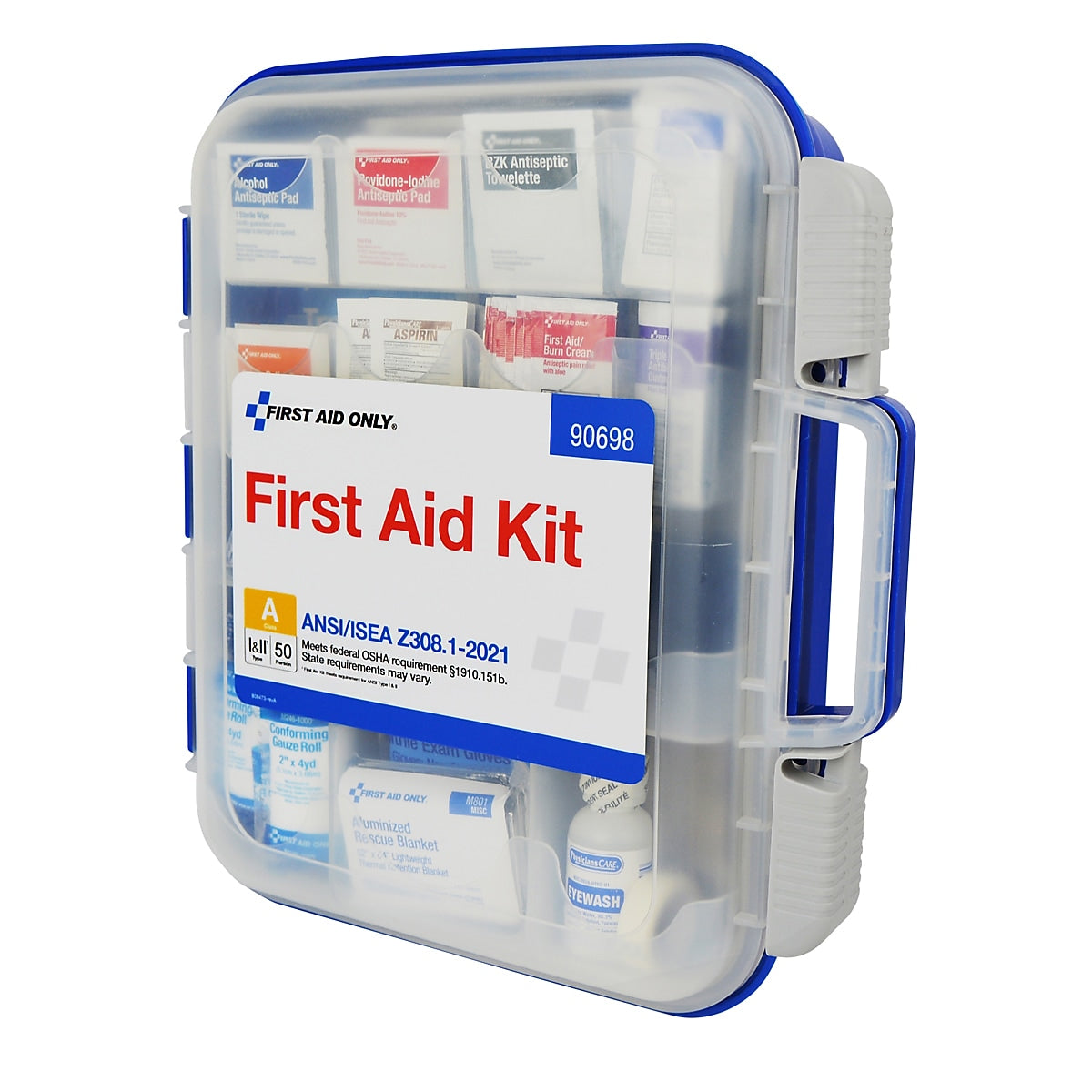 First Aid Only ReadyCare Plastic First Aid Kit with Medication, ANSI 2021 Class A, 50 People, 238 Pieces, Clear/Blue (90698)