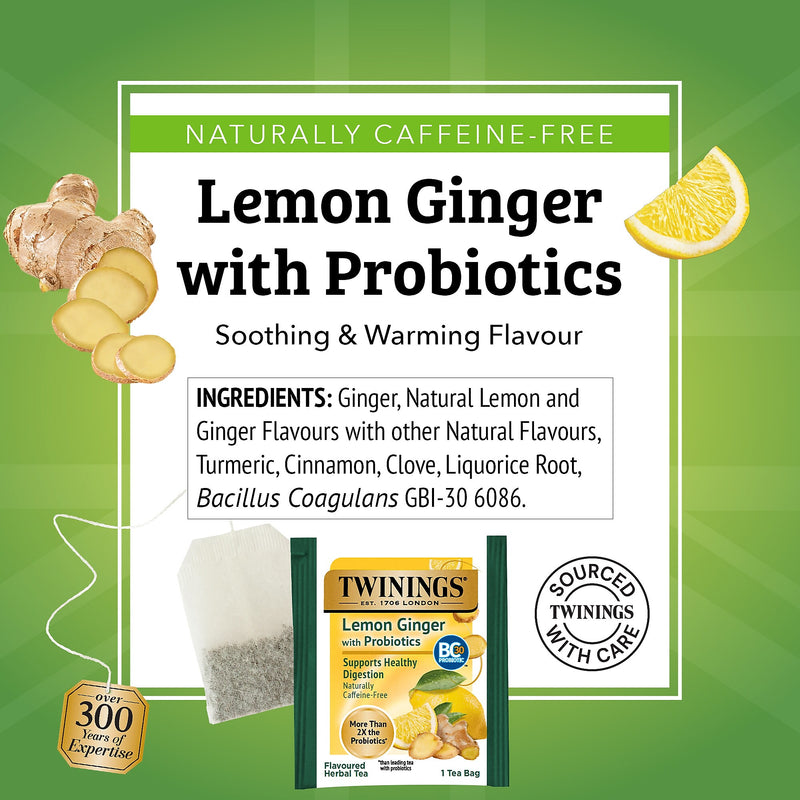 Twinings Decaf Probiotics Lemon and Ginger Herbal Tea Bags, 18/Box (F16483)