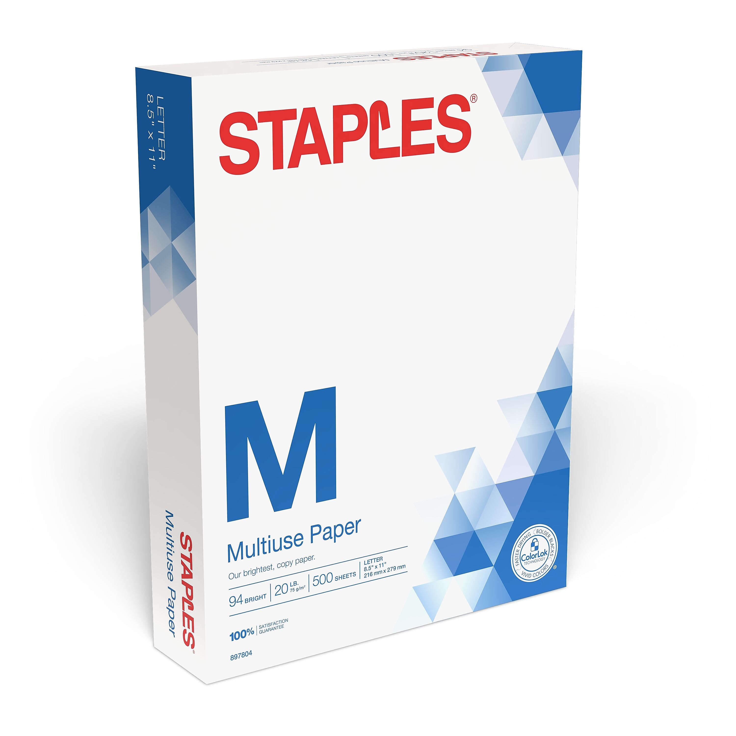 Staples Multiuse 8.5" x 11" Copy Paper, 20 lbs., 94 Brightness, 500/Ream, 3 Reams/Carton (51929)