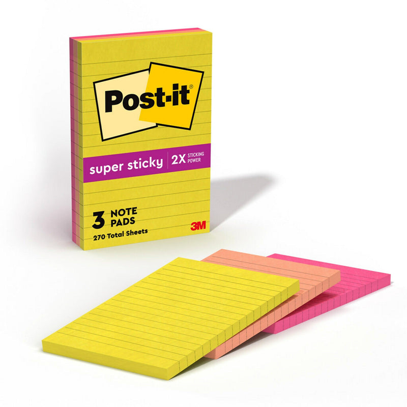 Post-it Super Sticky Notes, 4" x 6", Summer Joy Collection, Lined, 90 Sheets/Pad, 3 Pads/Pack (660-3SSJOY)