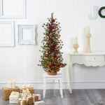 Nearly Natural 4-ft Berry and Pine Artificial Christmas Tree in Burlap Wrapped Base (T1427)