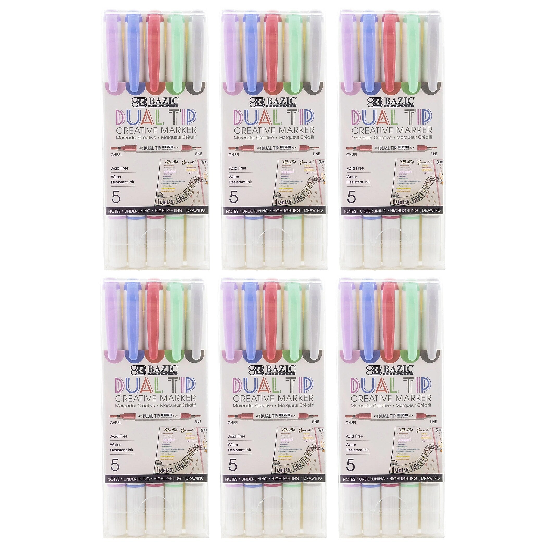 Bazic Alcohol-Based Marker, Twin Tip, Assorted Colors, 5/Pack, 6 Packs/Bundle (BAZ1214-6)
