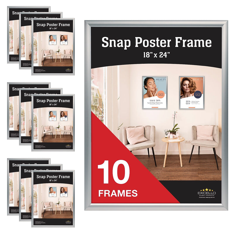 Excello Global Products Poster Holder, 18" x 24", Wall Mounted, Silver Aluminum, 10/Pack (EGP-SF-1824-CP)