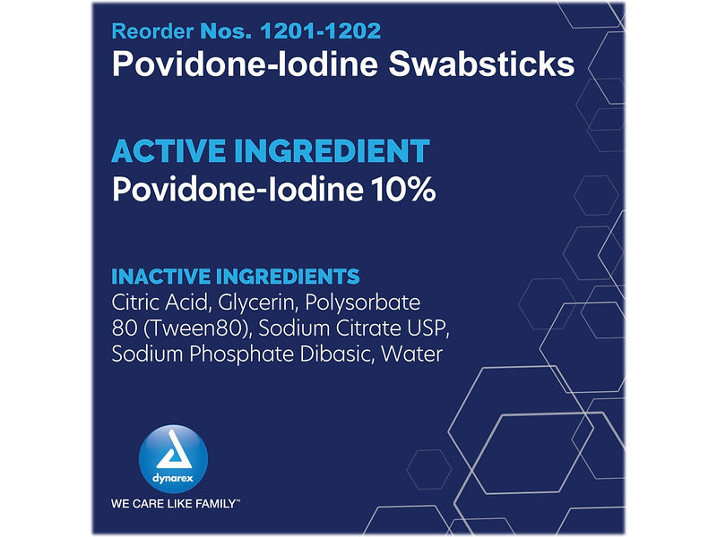 Dynarex 10% Povidone-Iodine Antiseptic Swab Sticks, 50/Pack, 5 Packs/Case (1201)