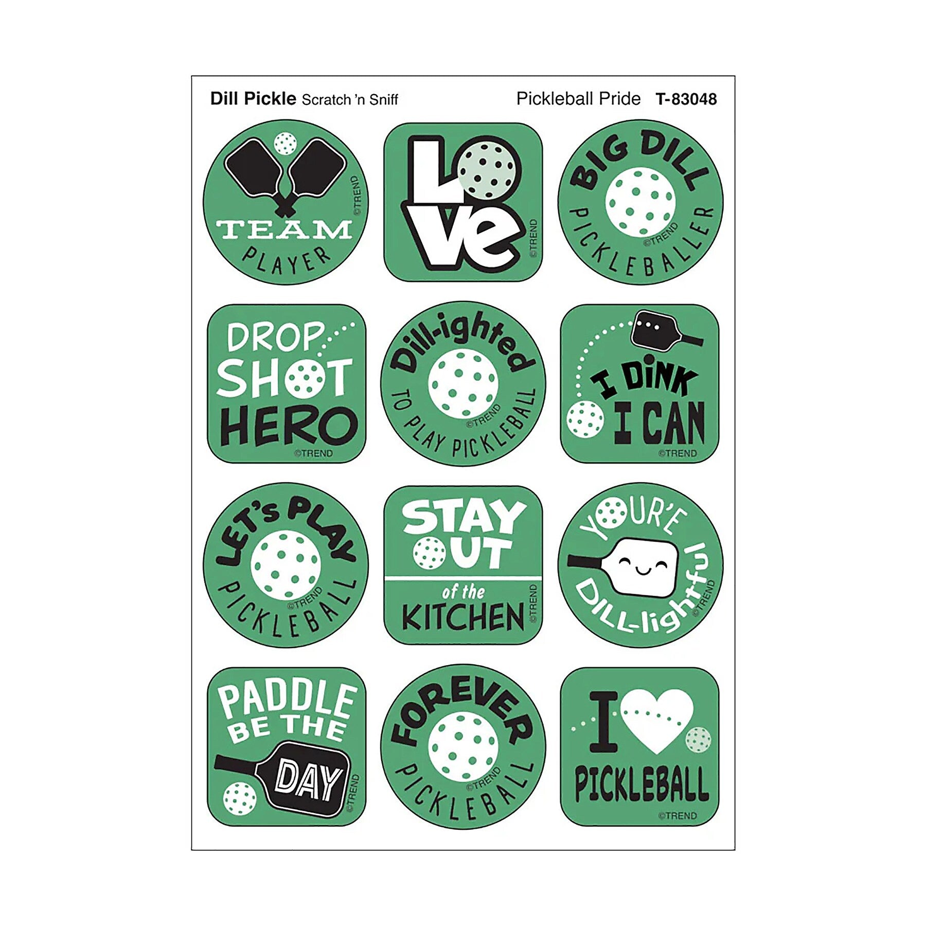 Trend Enterprises Pickleball DILL-ight Dill Pickle Scent Scratch 'n Sniff Stinky Stickers, Green, 48/Pack, 6 Packs/Bundle