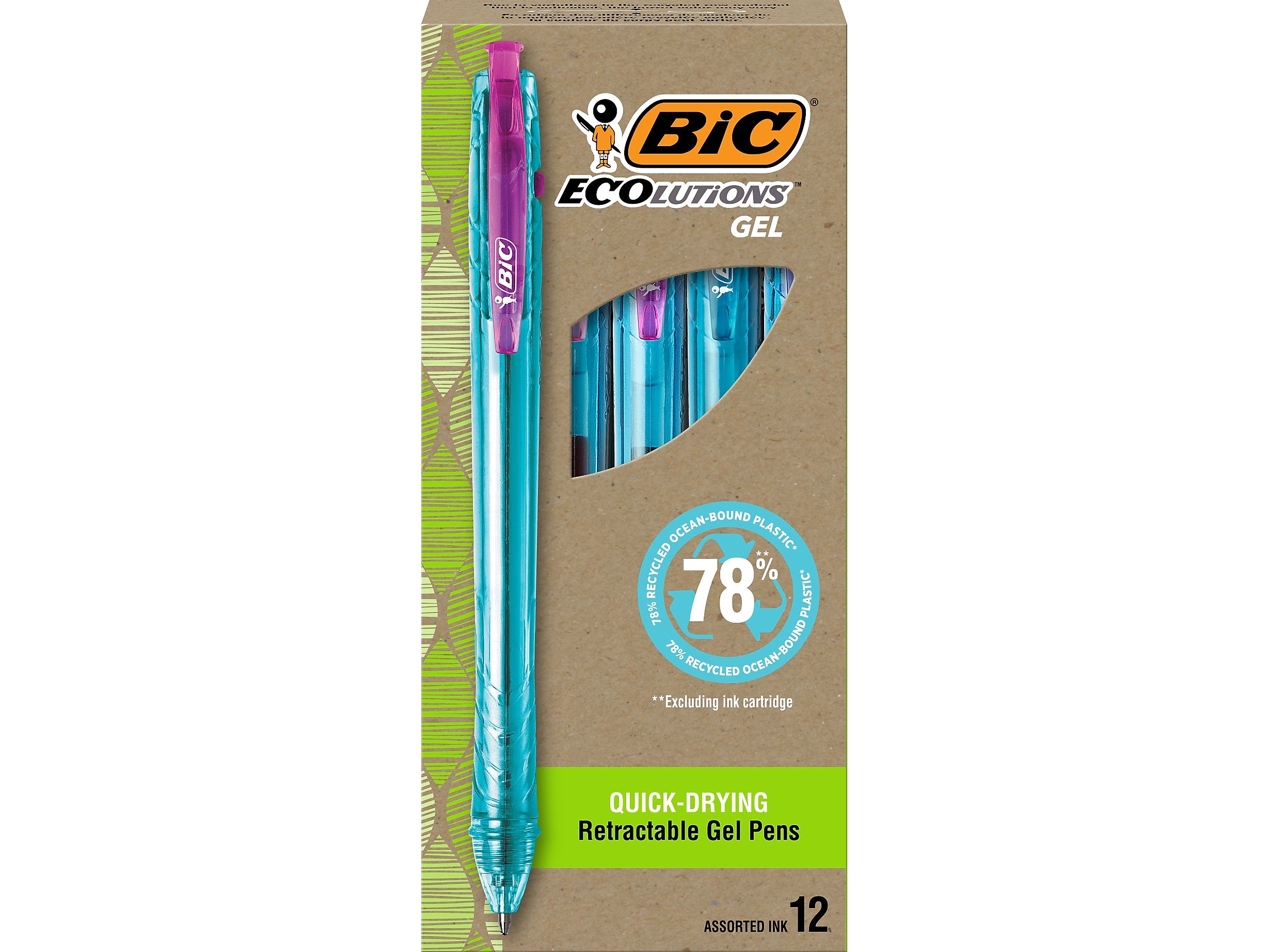 BIC ECOlutions Retractable Gel Pens, Medium Point, 1.0 mm, Assorted Inks, 12/Pack (RGLE11-AST)