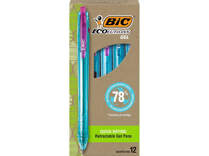 BIC ECOlutions Retractable Gel Pens, Medium Point, 1.0 mm, Assorted Inks, 12/Pack (RGLE11-AST)