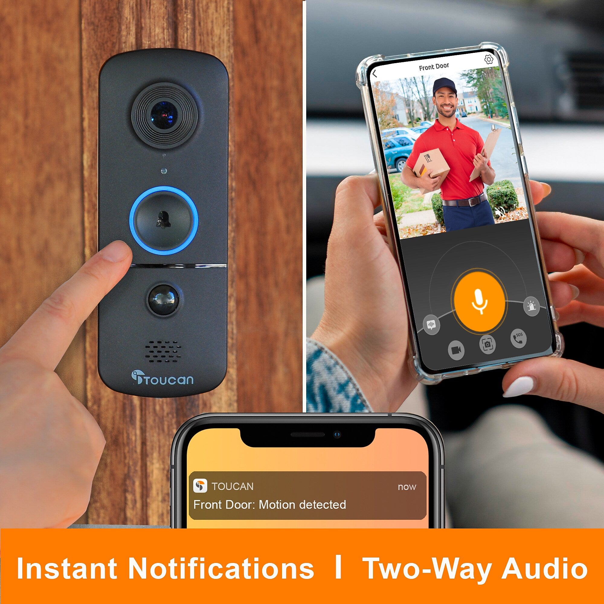 Toucan V3 Wireless Battery Operated Video Doorbell, Chime,  Night Vision, Wi-Fi, IP56 Weather Resistant, Black