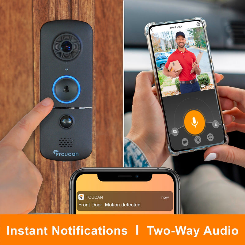 Toucan V3 Wireless Battery Operated Video Doorbell, Chime,  Night Vision, Wi-Fi, IP56 Weather Resistant, Black