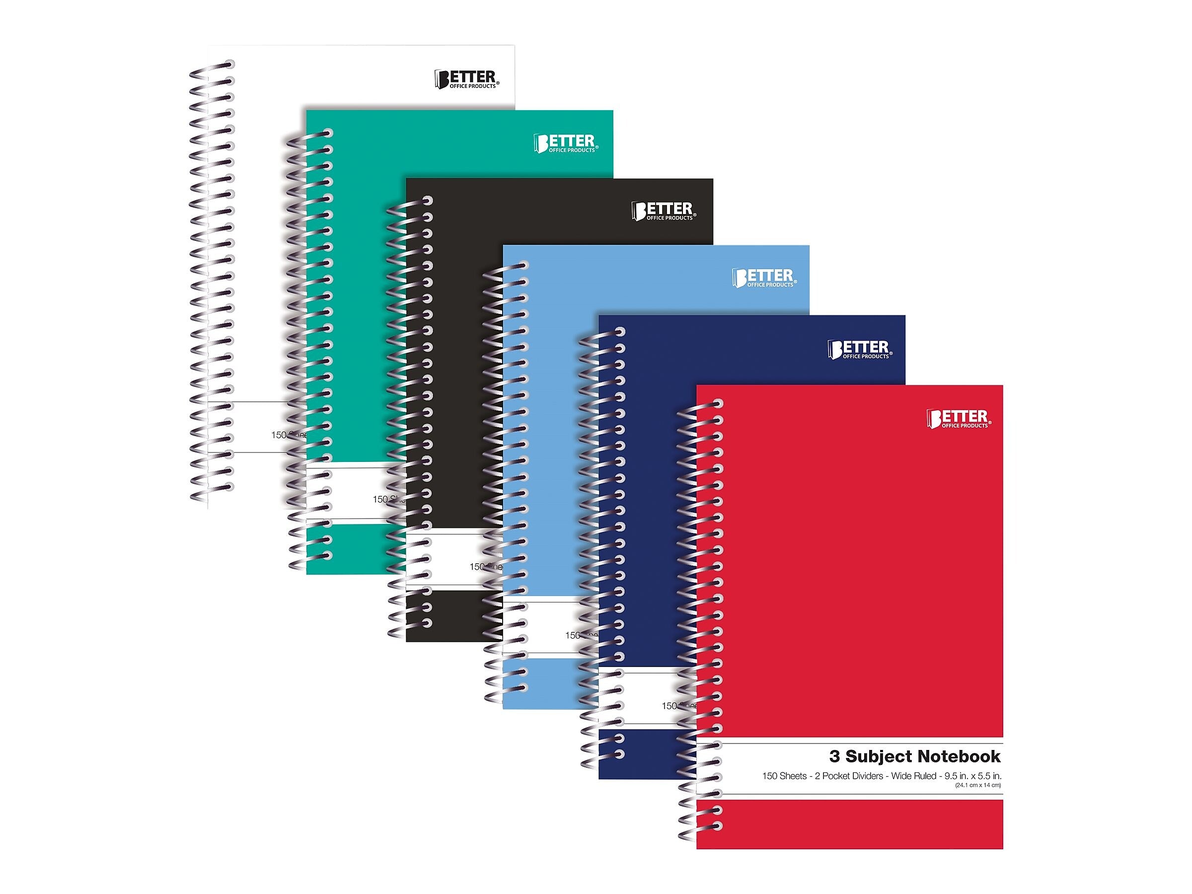 Better Office 3-Subject Notebooks, 5.5" x 9.5", Wide Ruled, 150 Sheets, 6/Pack (25646-6PK)
