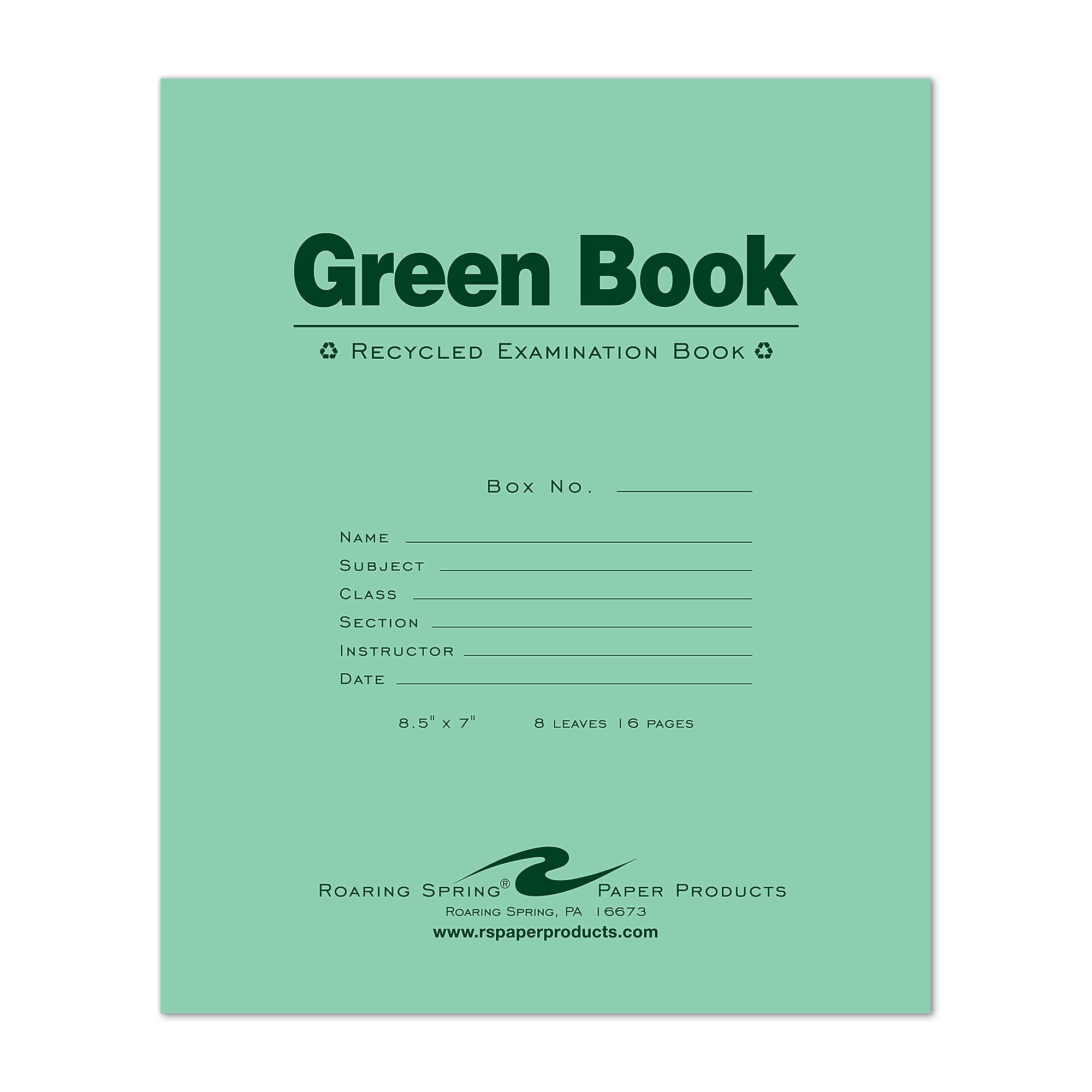 Roaring Spring Paper Products Exam Notebooks, 7" x 8.5", Wide Ruled, 8 Sheets, Green, 600/Case (77508CS)