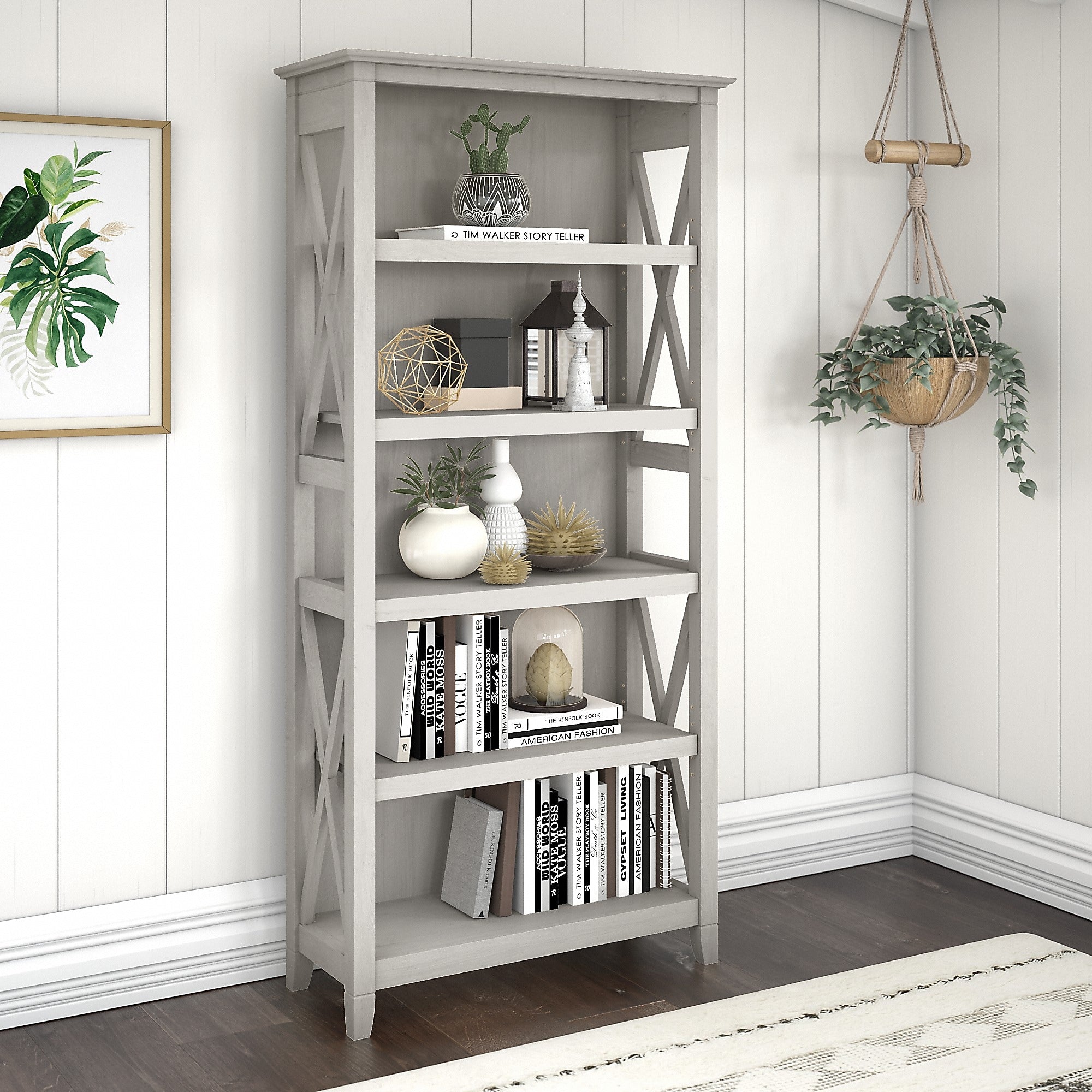 Bush Furniture Key West 66"H 5-Shelf Bookcase with Adjustable Shelves, Linen White Oak Laminated Wood (KWB132LW-03)