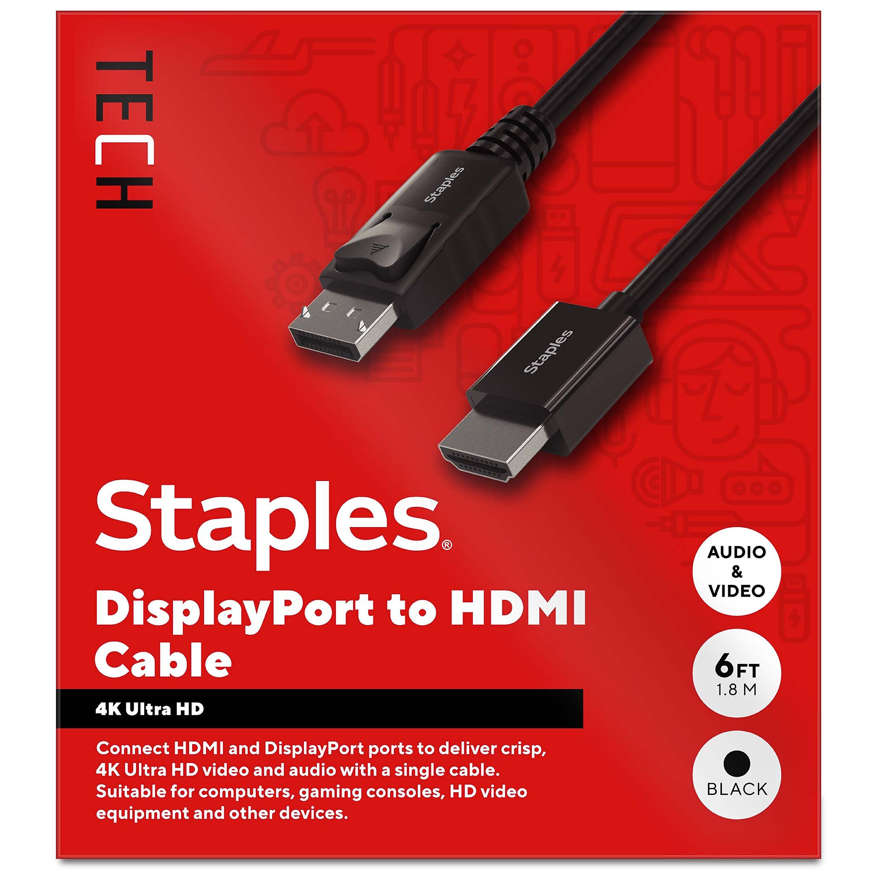 Staples TECH 6 ft. DisplayPort to HDMI Audio/Video Cable, Male to Male, Black (ST62466)