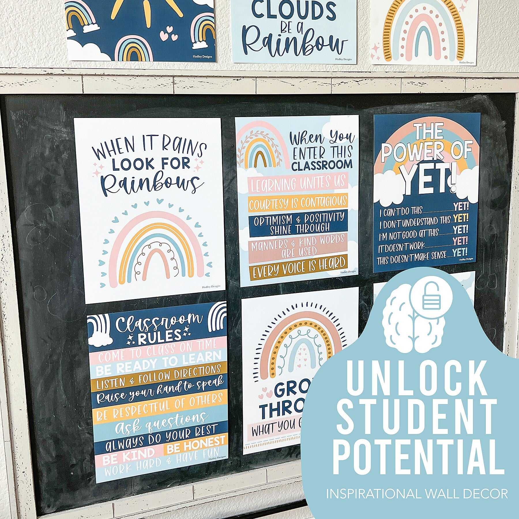 Hadley Designs 14" x 11" Boho Rainbow Growth Mindset Classroom Decor Posters, 9/Set (HDDX004A2JP97)