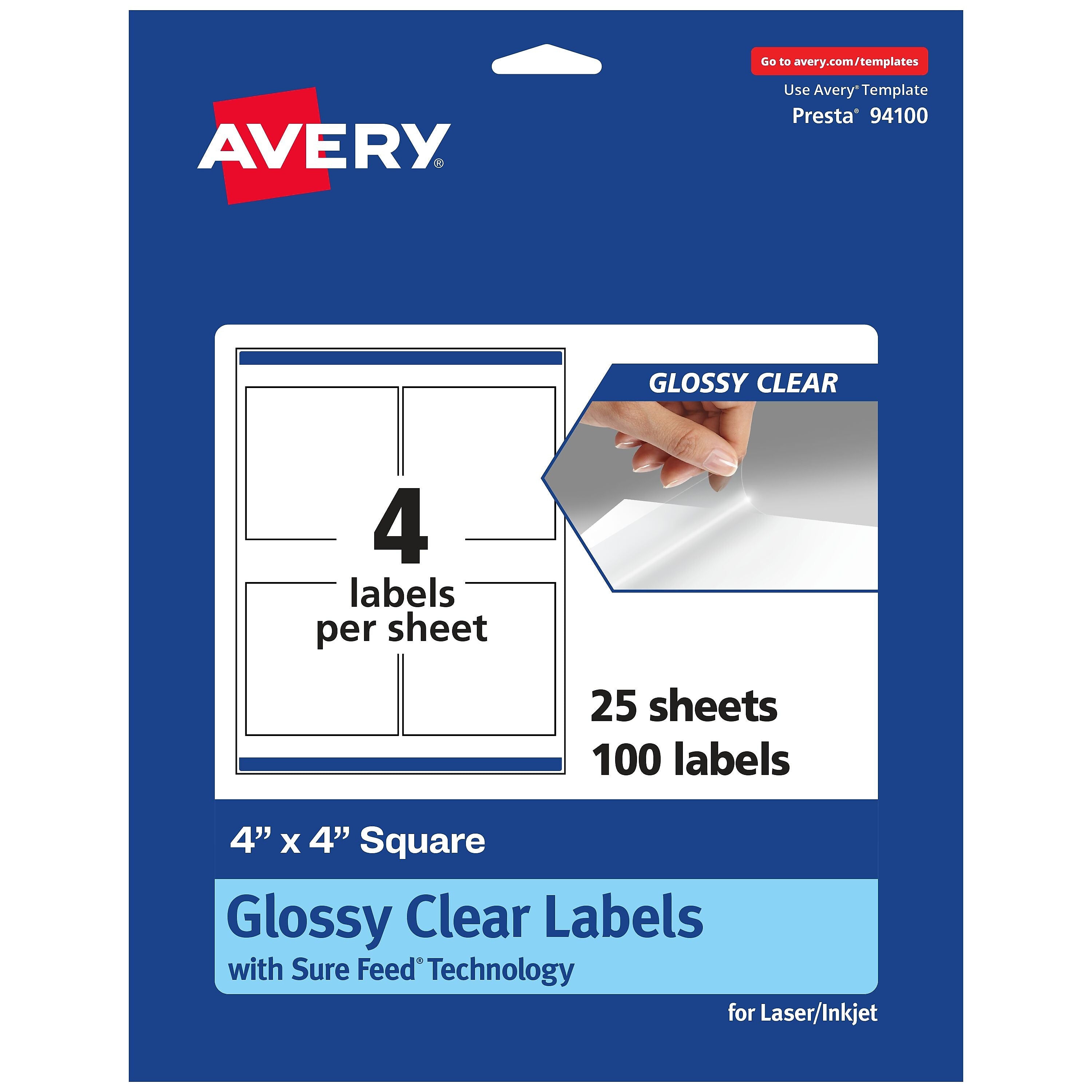 Avery Laser/Inkjet Square Glossy Labels, 4" x 4", Clear, 100 Labels/Pack (94100)
