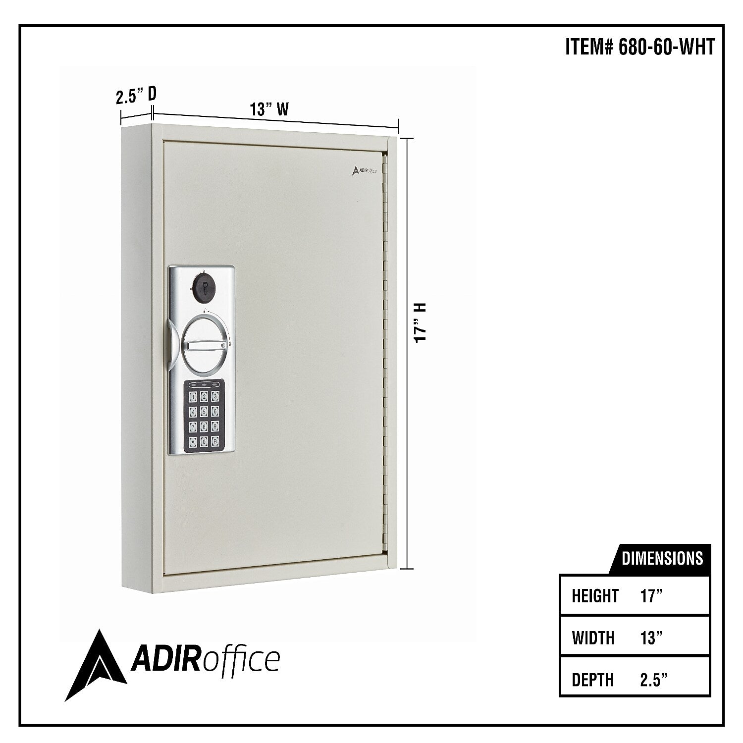 AdirOffice Programmable Digital Keypad 60 Key Cabinet, White (680-60-WHI)