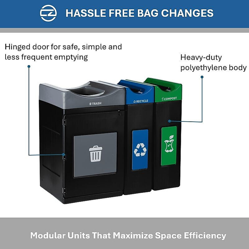 Commercial Zone Avante Series Polyethylene Triple-Stream Trash, Recycling and Compost Center, 115 Gallon, Black (787303MSA)
