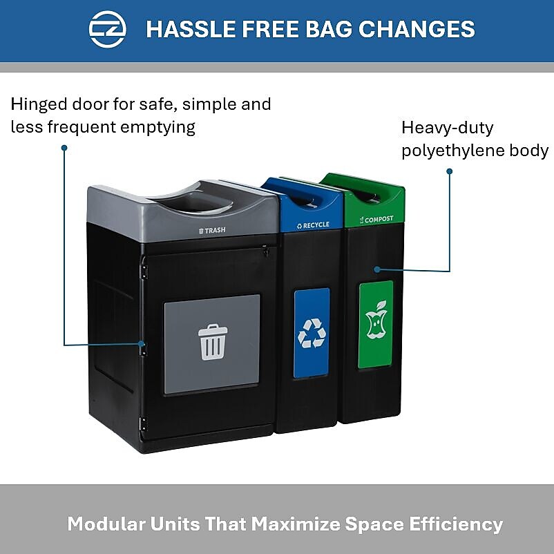 Commercial Zone Avante Series Polyethylene Triple-Stream Trash, Recycling and Compost Center, 115 Gallon, Black (787303MSA)