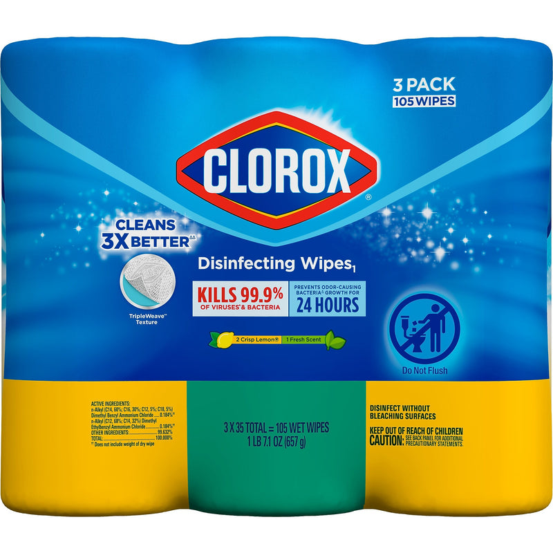 Clorox Value Pack Disinfecting Wipes, 35 Wipes/Container, 3/Pack, 15/Carton (30112)