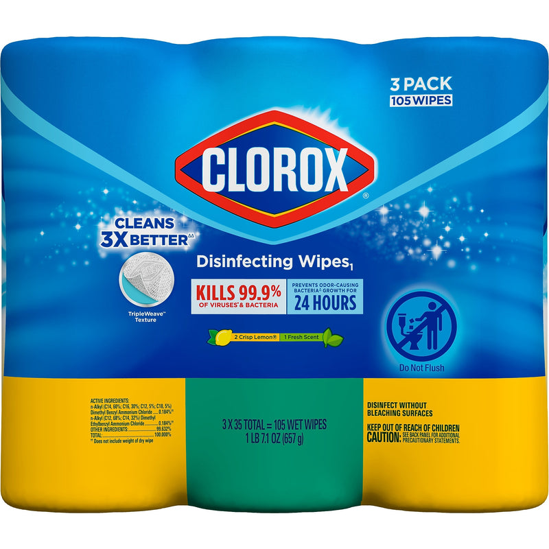 Clorox Value Pack Disinfecting Wipes, 35 Wipes/Container, 3/Pack, 15/Carton (30112)