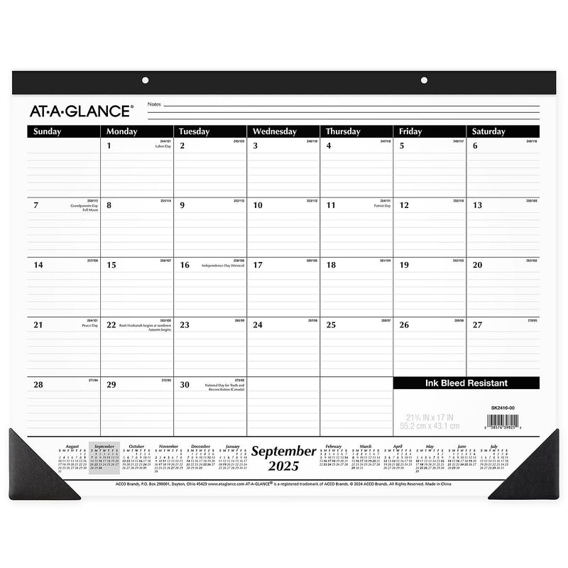 2025-2026 AT-A-GLANCE 21.75" x 17" Academic Monthly Desk Pad Calendar, White/Black (SK2416-00-26)