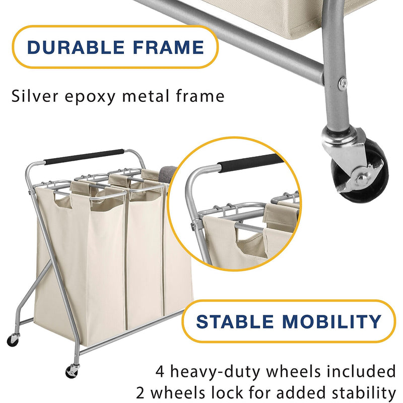 Whitmor 3-Section Rolling Laundry Sorter, Metal, (6640-4794)