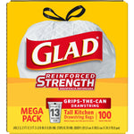 Glad Tall Kitchen Drawstring Trash Bags, 13 Gallon, White, Unscented, 100/Box (78374)