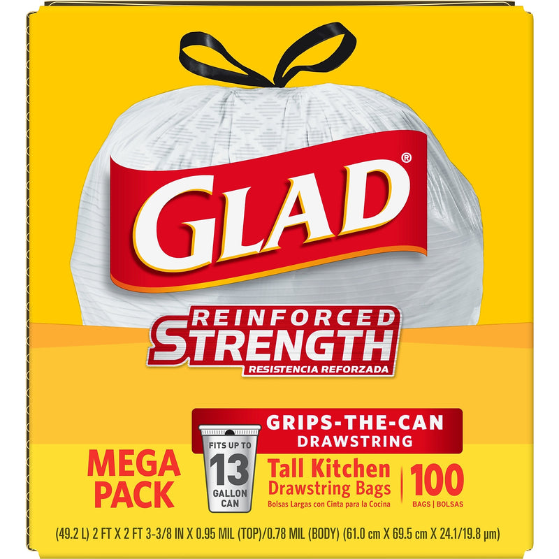 Glad Tall Kitchen Drawstring Trash Bags, 13 Gallon, White, Unscented, 100/Box (78374)