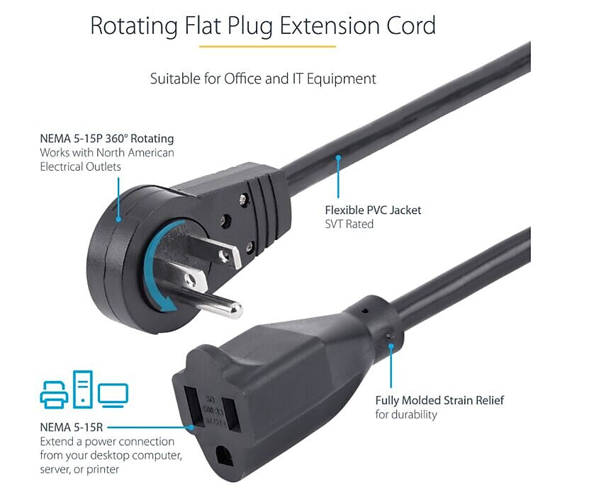 StarTech 10' Extension Cord, 16 AWG, Black (RTPAC10110)