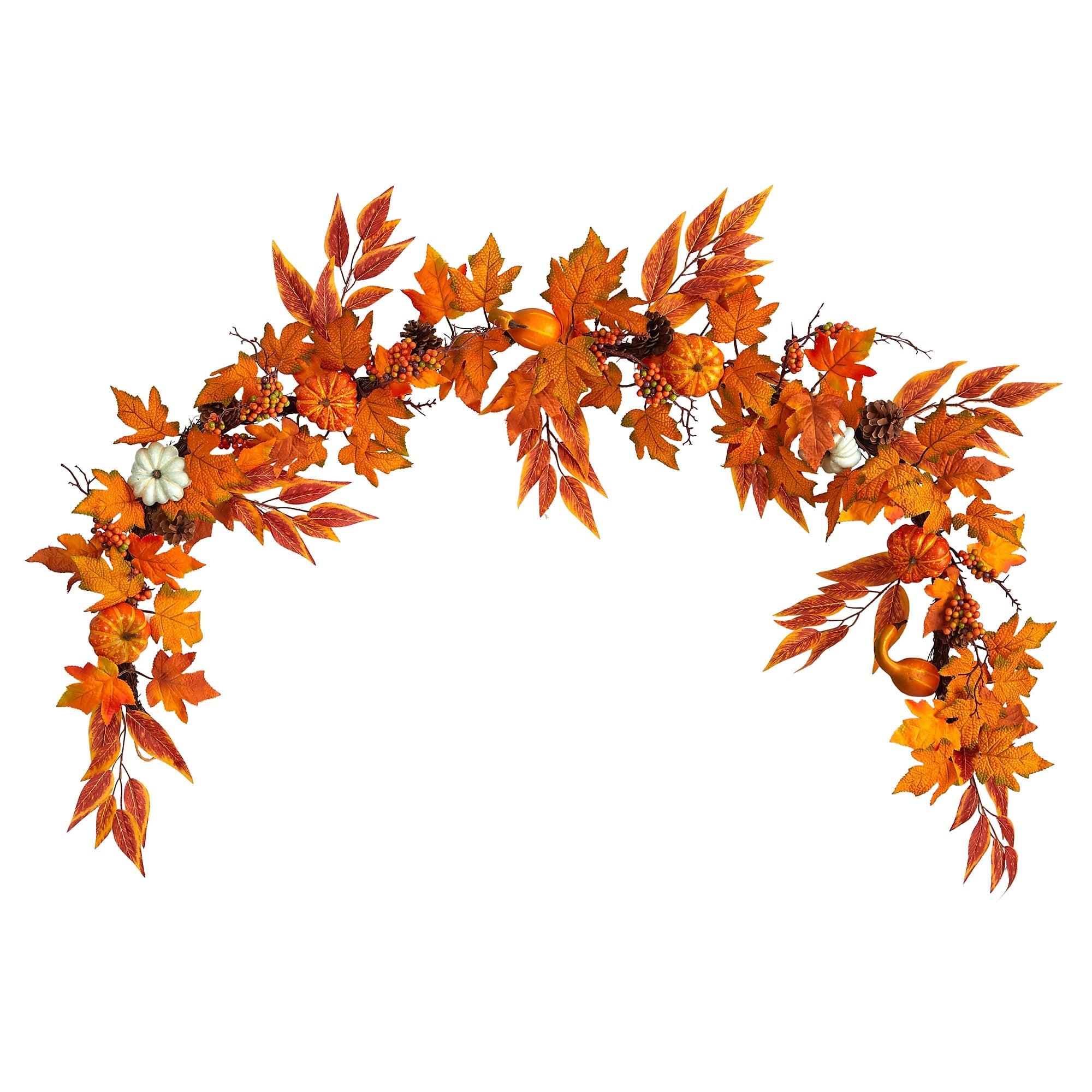 Nearly Natural 6' Assorted Autumn Maple Leaves, Pumpkins, Gourds, Berries and Pinecone Artificial Fall Garland (W1217)