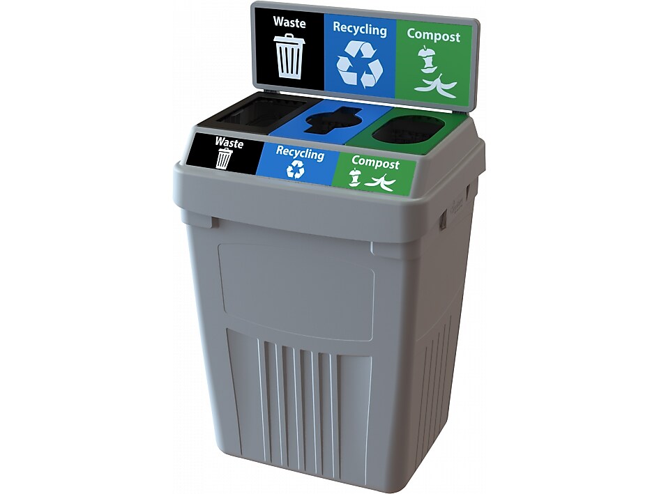 CleanRiver FlexE Plastic Three-Stream Recycling Station, 50 Gallon, Gray (FX50B-GY3-R-BE-W-BK-C-GN)