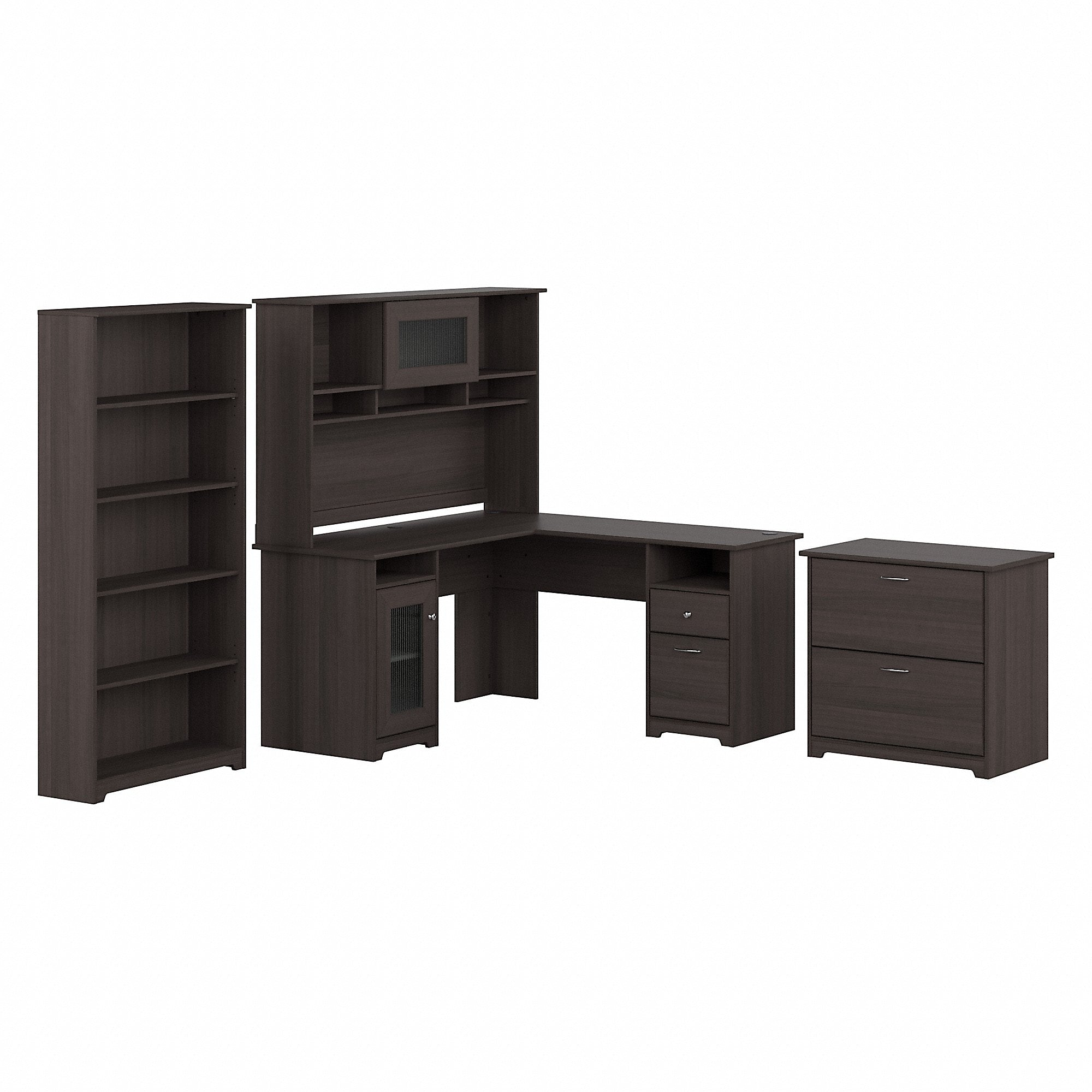Bush Furniture Cabot 60"W L Shaped Computer Desk with Hutch, File Cabinet and Bookcase, Heather Gray (CAB010HRG)
