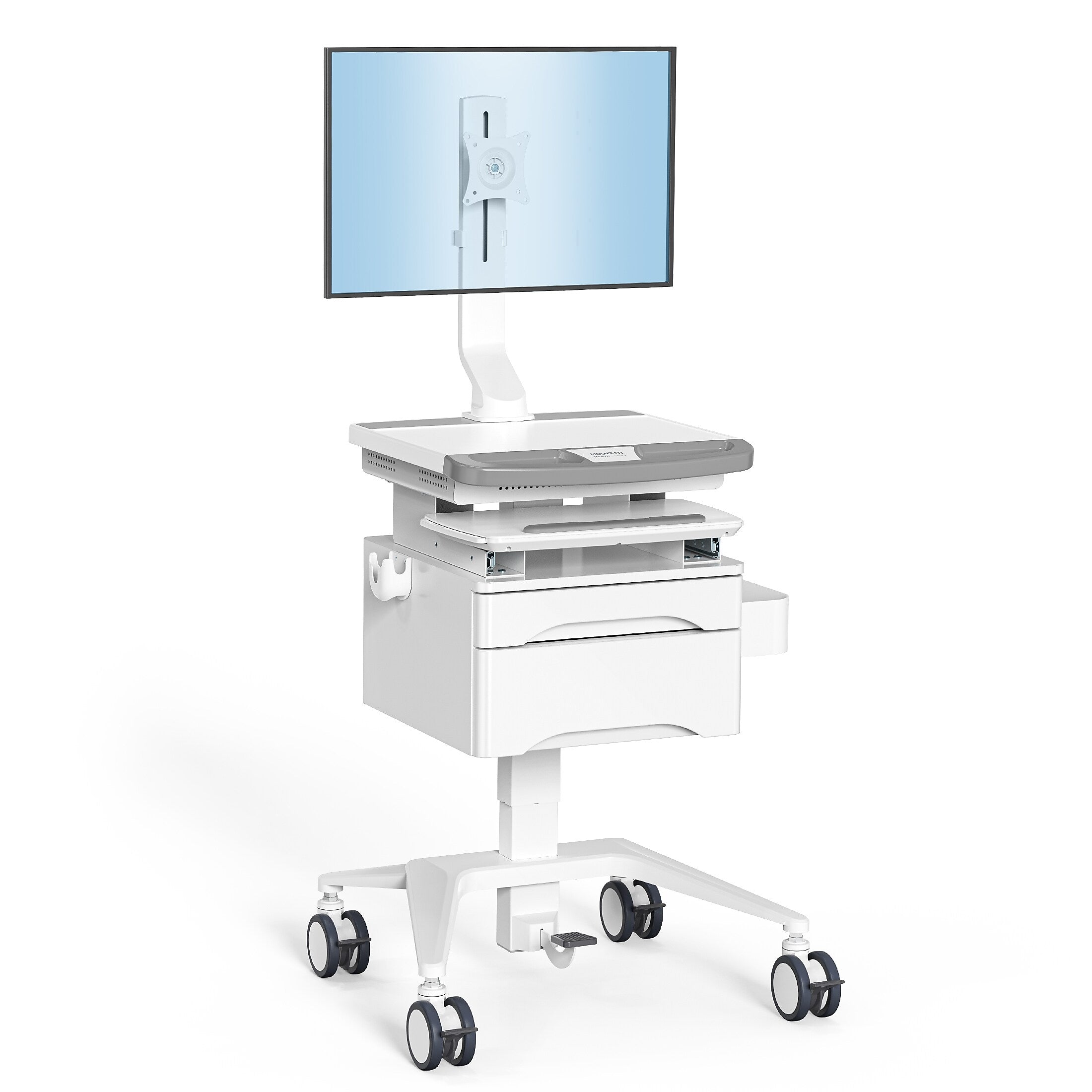 Mount-It! MedHub Mobile Medical Cart Workstation with Drawers, Monitor Mount, and Locking Caster Wheels, White/Grey (MI-16025)